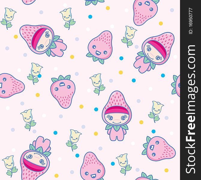 Illustration of little strawberry girl and floral pattern. Illustration of little strawberry girl and floral pattern.