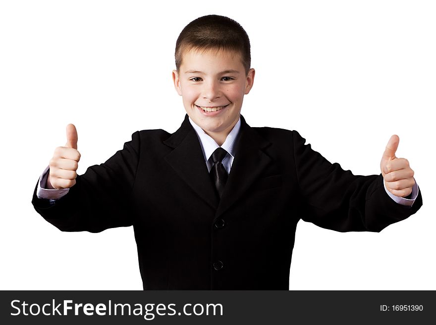 Boy gives thumbs up, isolated on white