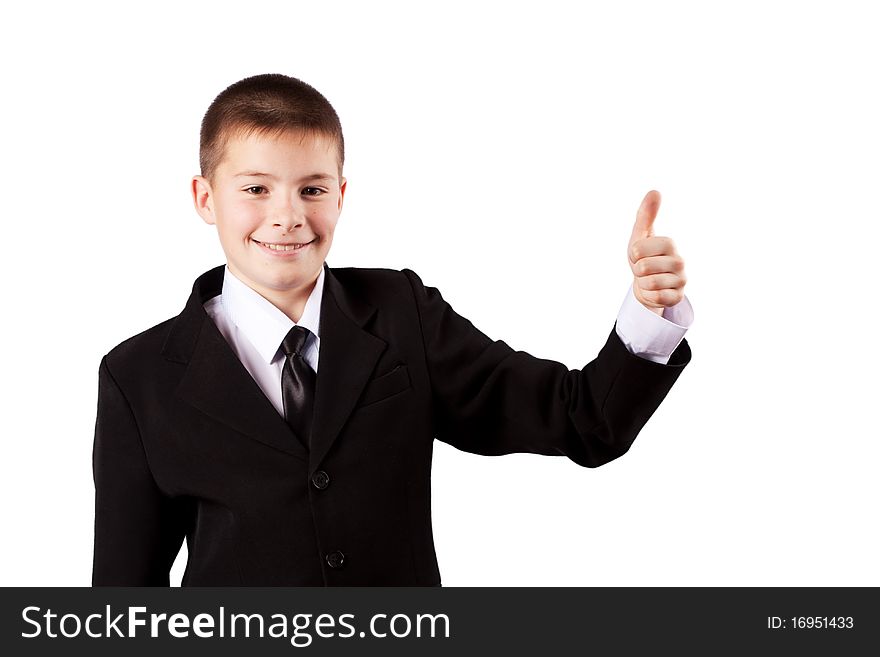 Boy gives thumbs up, isolated on white