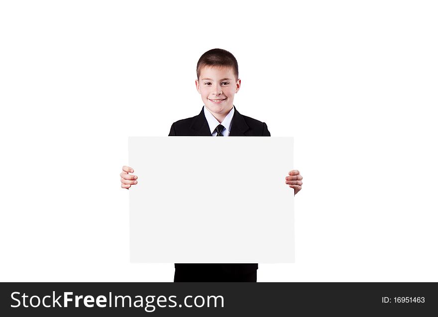 Boy holding  banner isolated on white