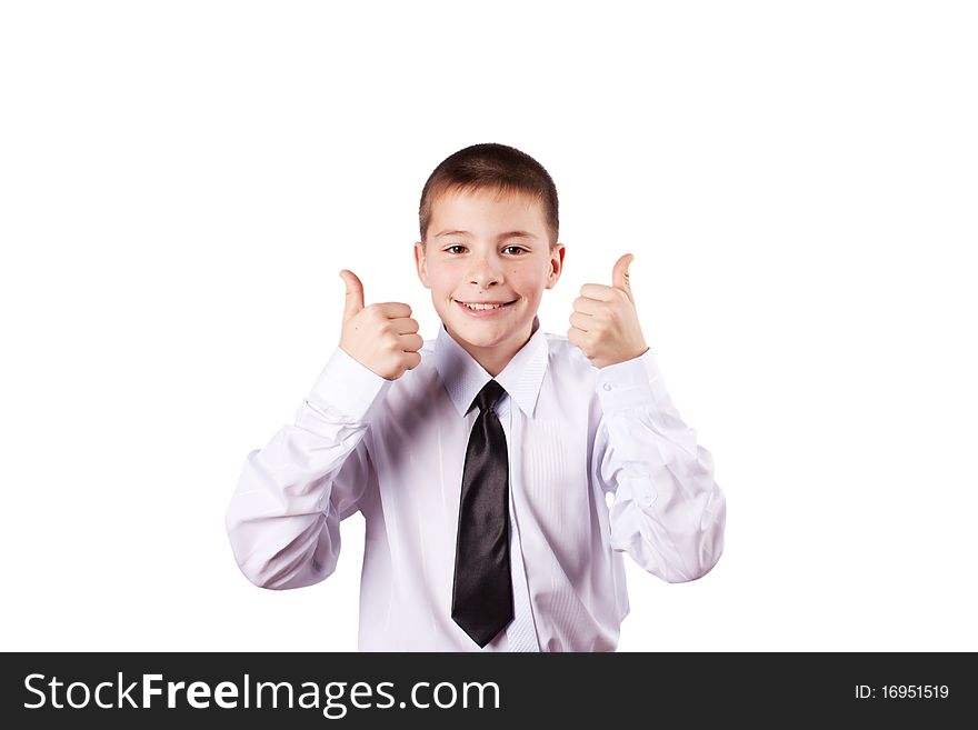 Boy gives thumbs up, isolated on white