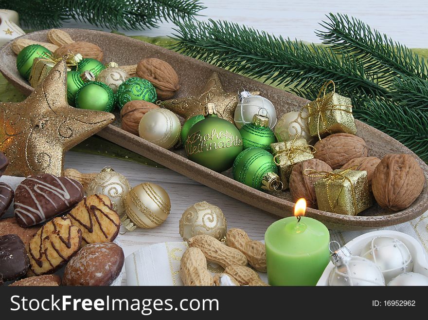 Christmas table with cakes and christmas decoration