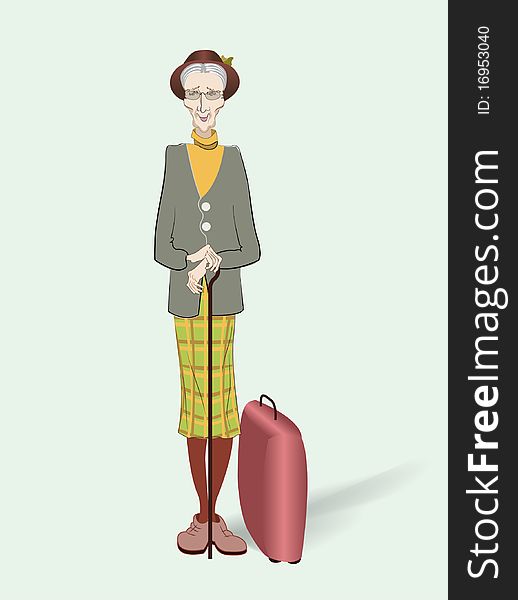 Old woman with a walking stick and suitcase. Old woman with a walking stick and suitcase