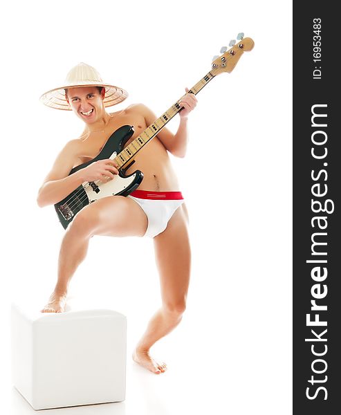 Funny man with a guitar on a white background