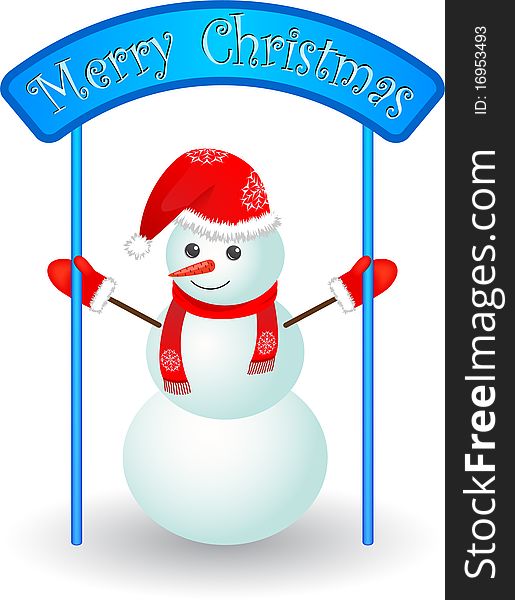Christmas snowman  with poster. Vector illustration