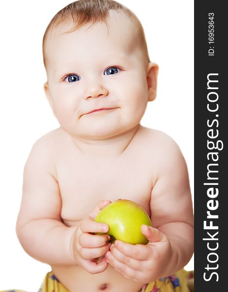 Lovely baby girl with green apple. Lovely baby girl with green apple