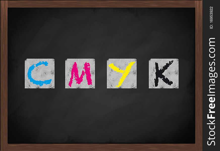 CMYK letters on a framed blackboard. CMYK letters on a framed blackboard