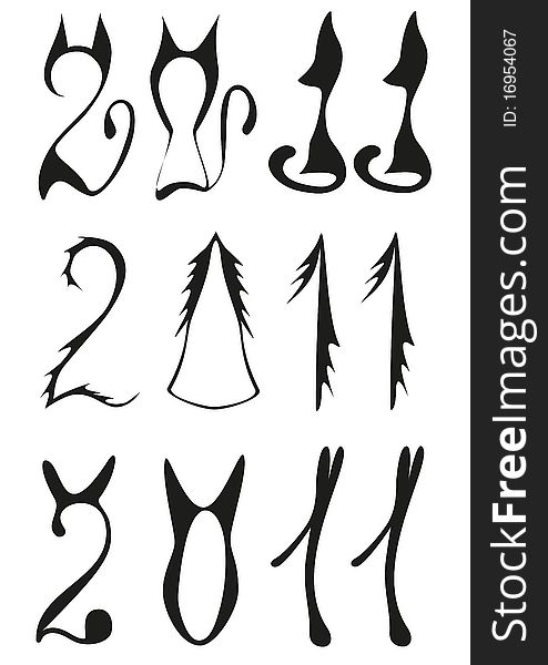 Styled cats New year symbols, date of new year, cats contours. Styled cats New year symbols, date of new year, cats contours