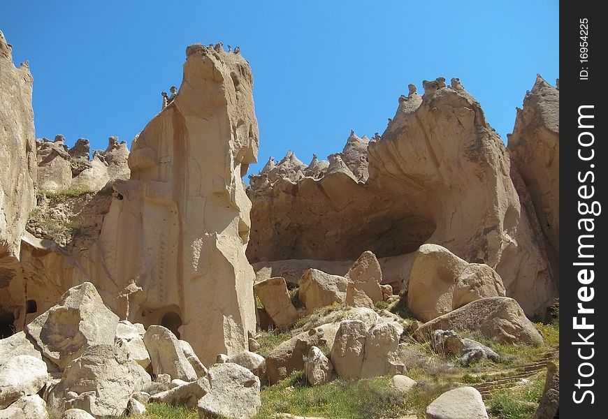 View of stone formations in Cappadocia, Turkey