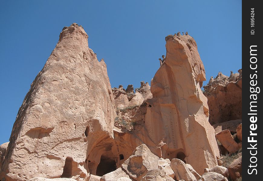 View of stone formations in Cappadocia, Turkey