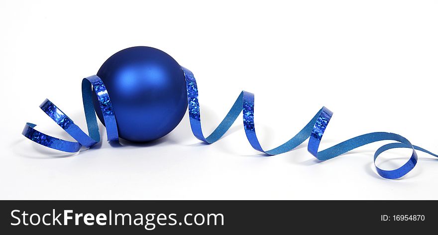 Blue bauble with the blue ribbon on the white background. Blue bauble with the blue ribbon on the white background