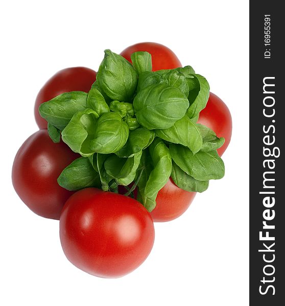 Basil and tomatoes isolated on white