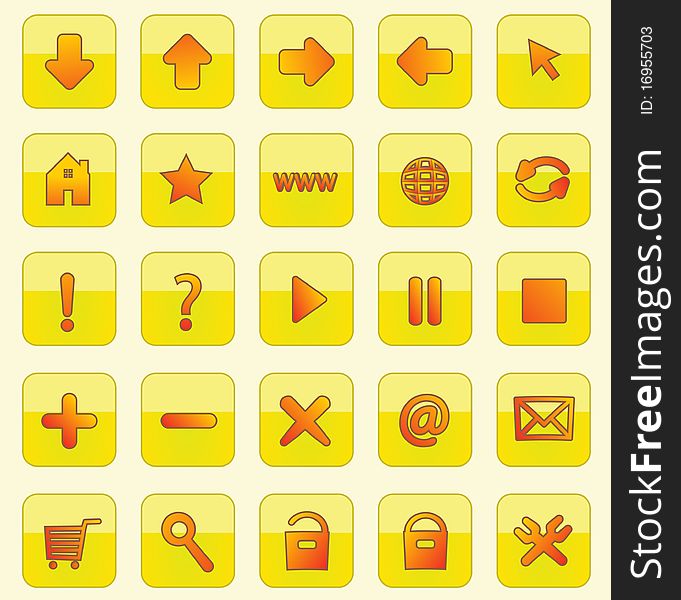 Set of 25 yellow/orange square web buttons. Useful also as icons. Set of 25 yellow/orange square web buttons. Useful also as icons.