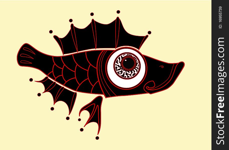 The Fish with a huge white eye, spiny fins and large scales, painted in an abstract manner in black with red outline. The Fish with a huge white eye, spiny fins and large scales, painted in an abstract manner in black with red outline