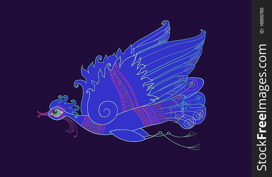 Ð Magic Bird flies. Its feathers are painted in rainbow colors. Ð Magic Bird flies. Its feathers are painted in rainbow colors