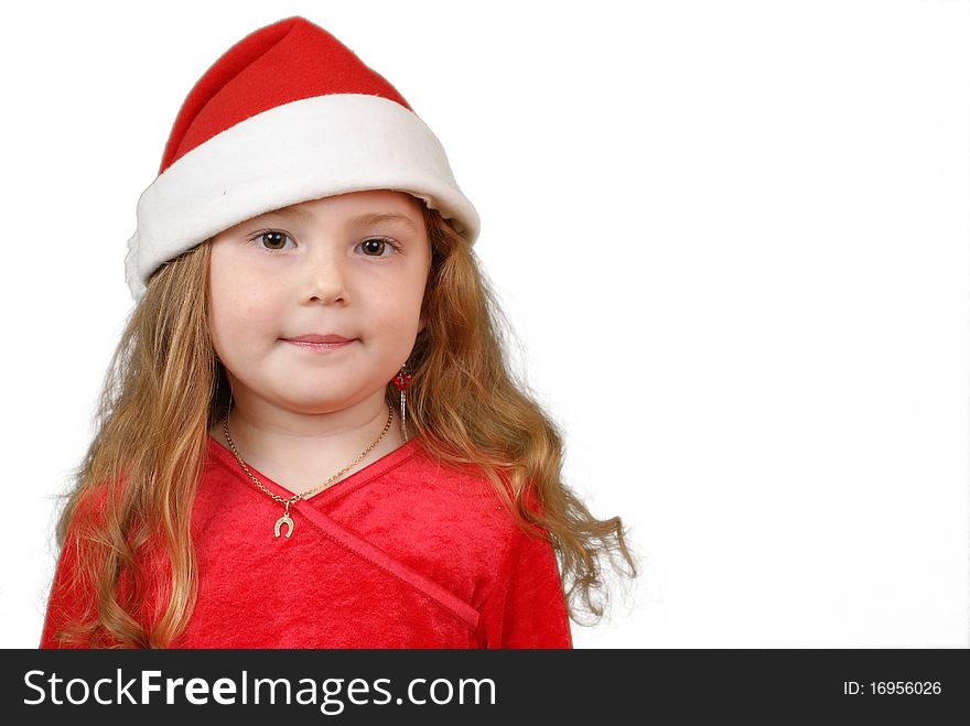 Little girl in Christmas hat , isolated on white