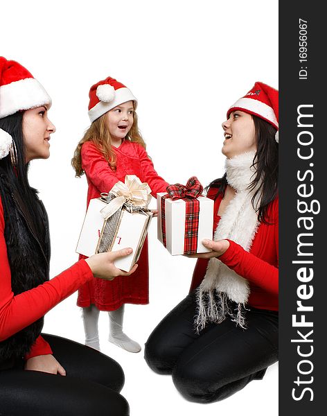 Christmas group portrait of three young  girls over white background