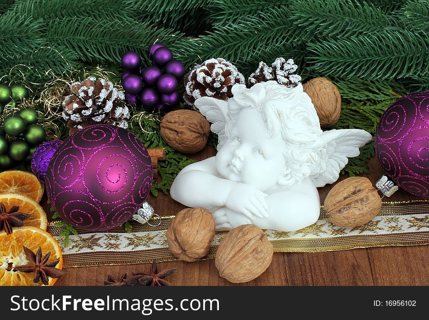 Christmas decoration with angel and candle. Christmas decoration with angel and candle