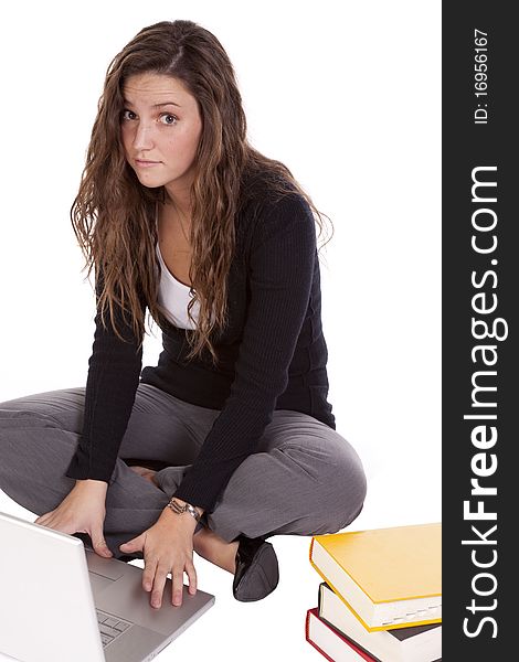 Woman Sitting With Books And Laptop