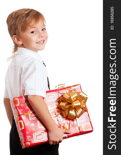 Beautiful boy with gift box isolated on white background. Beautiful boy with gift box isolated on white background