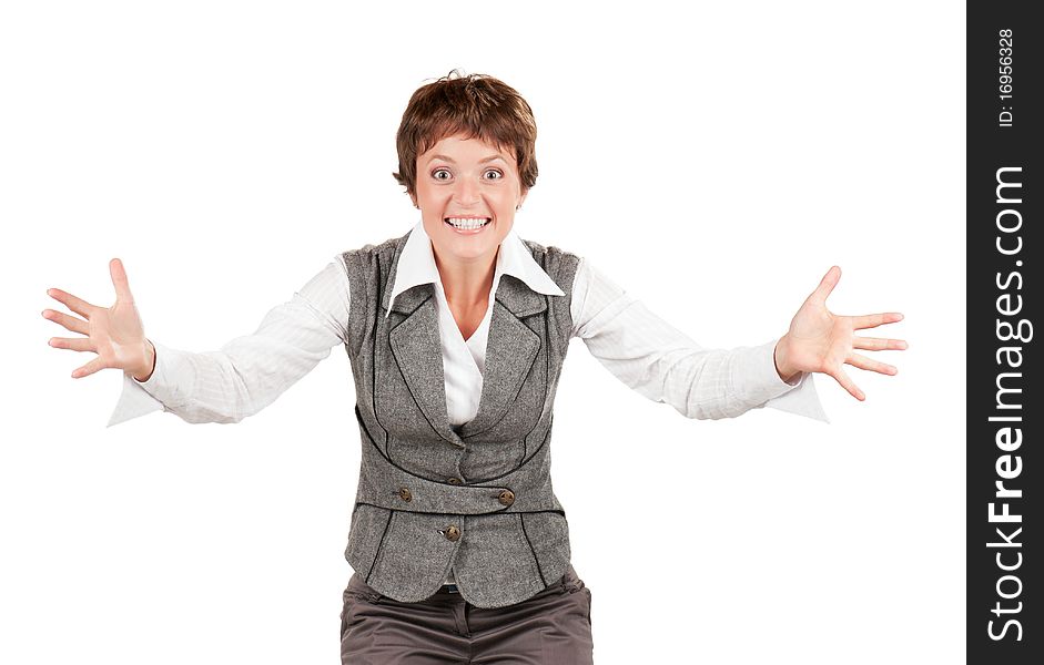 Expressive businesswoman, isolated on white background