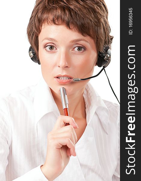 Portrait of a friendly woman with headset on white background. Portrait of a friendly woman with headset on white background