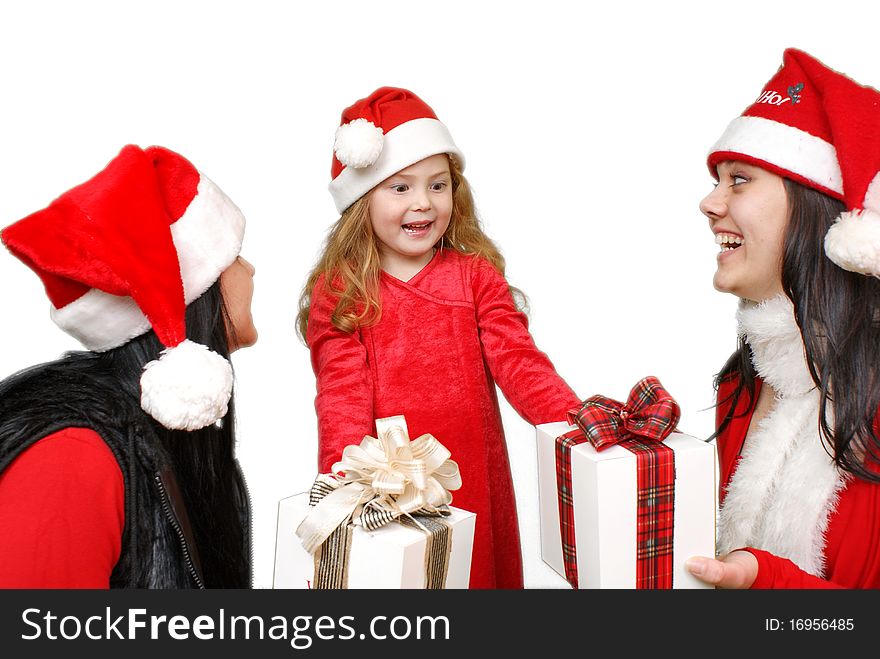 Christmas group portrait of three young  girls over white background