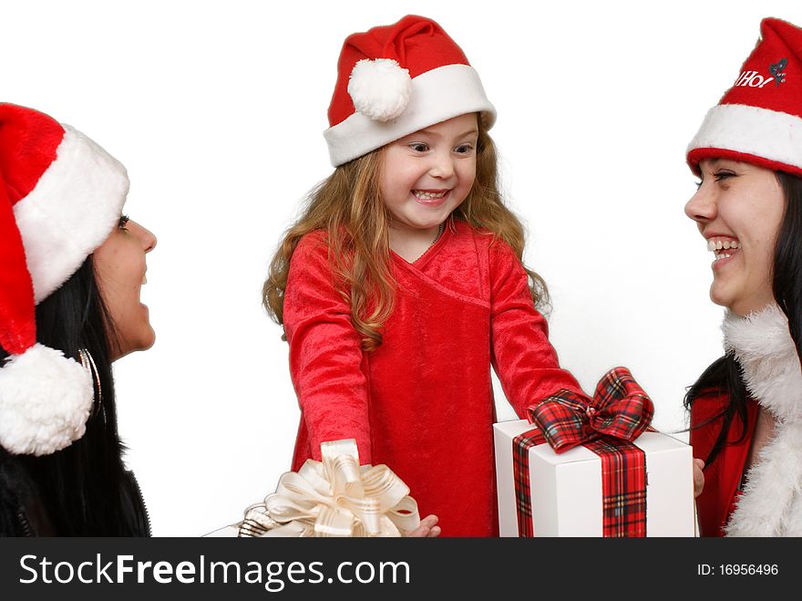 Christmas group portrait of three young  girls over white background