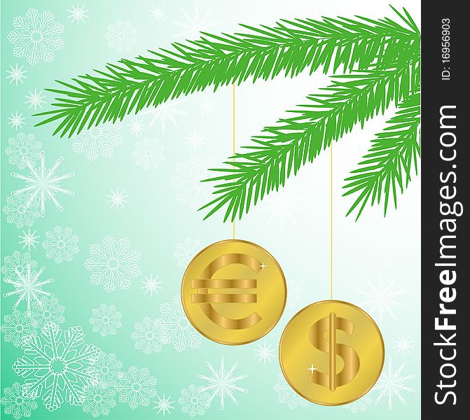 Christmas tree branch with coins