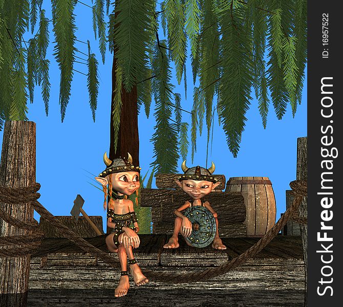 3d rendering of two small Vikings, sitting as illustration. 3d rendering of two small Vikings, sitting as illustration