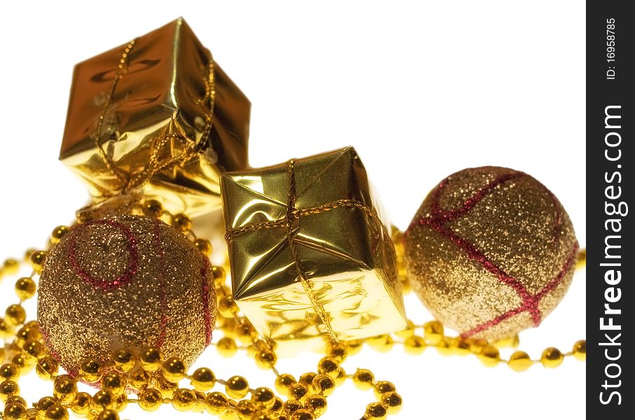 Golden christmas decoration, presents, balls and necklace