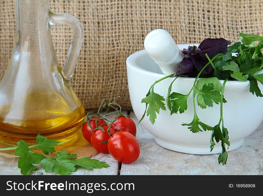 Mortar And Pestle With Herbs