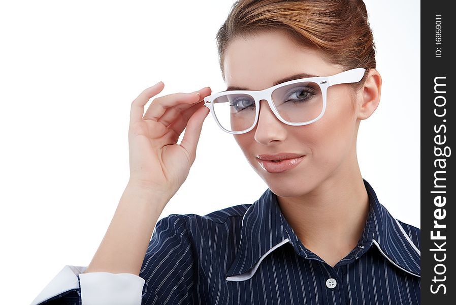 Young happy businesswoman isolated over white background