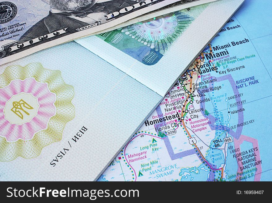 Passport and banknotes with usa map background