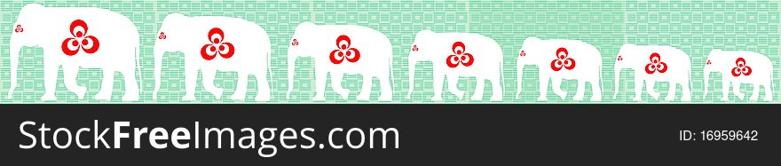 Seven elephants with green background and circles  in red and white color. Seven elephants with green background and circles  in red and white color