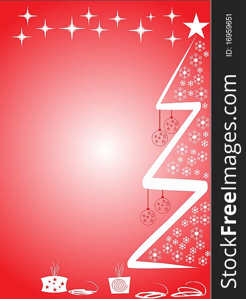 Christmas tree with snows and stars on red background