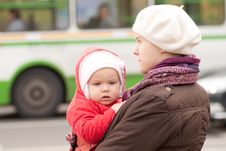 Adorable Mother And Daughter Stay On Crossroad Stock Photography