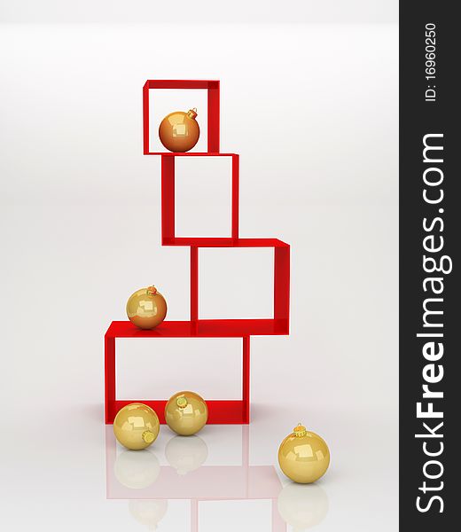 Composition from red boxes and yellow Christmas balls