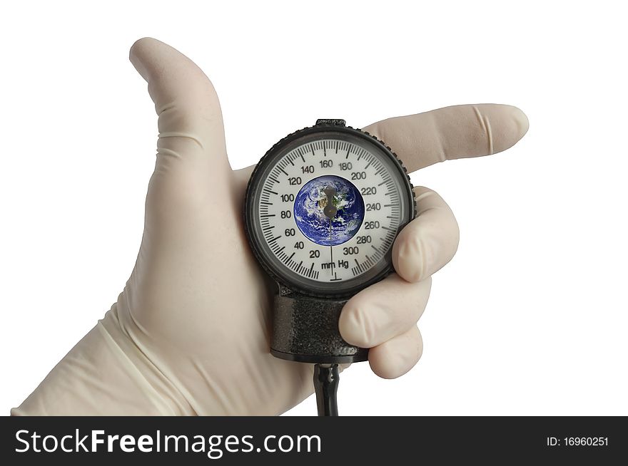 The hand in a glove holds the measuring device. The hand in a glove holds the measuring device