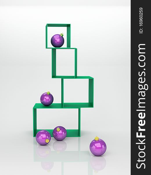 Composition from green boxes and violet Christmas balls