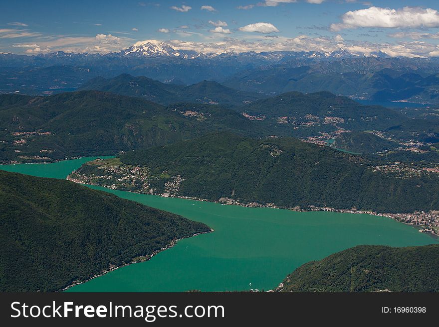 View from Monte Generoso down to Lugano and its lake in Switzerland