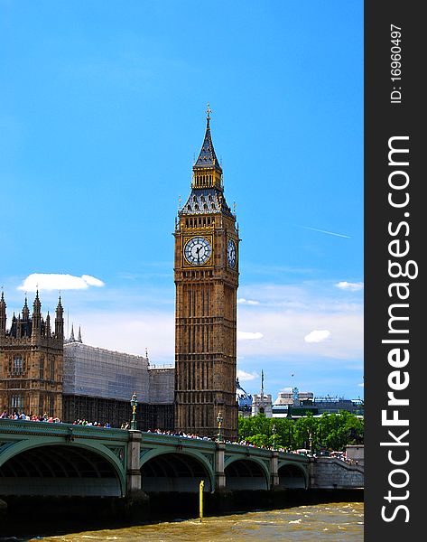 The Big Ben and the Westminster bridge, London UK. The Big Ben and the Westminster bridge, London UK