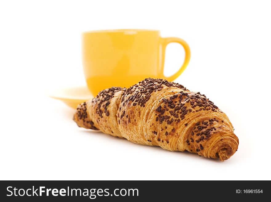 Croissant with chocolate isolated on white background