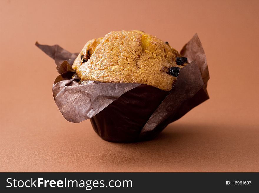 Cuocake with rasin on brown background