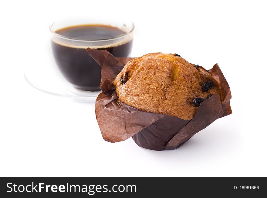 Cup of coffee and cupcake isolated on white background