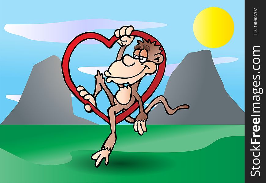 Adorable brown monkey or chimpanzee hang on love symbol on nature background illustration. Adorable brown monkey or chimpanzee hang on love symbol on nature background illustration