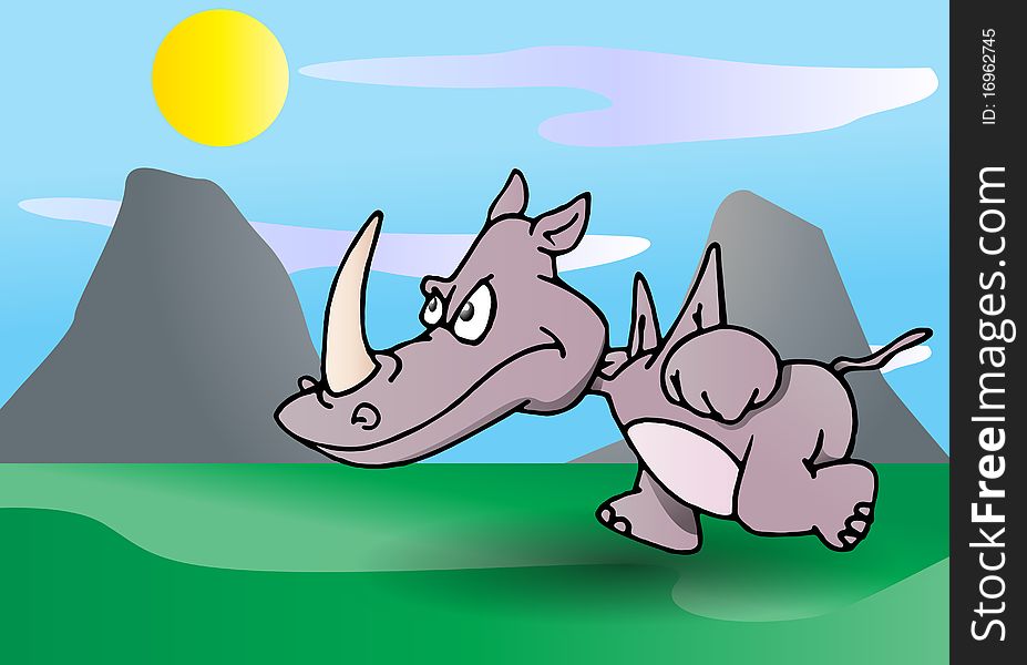 A cute rhinoceros running rampage at something on nature background illustration. A cute rhinoceros running rampage at something on nature background illustration