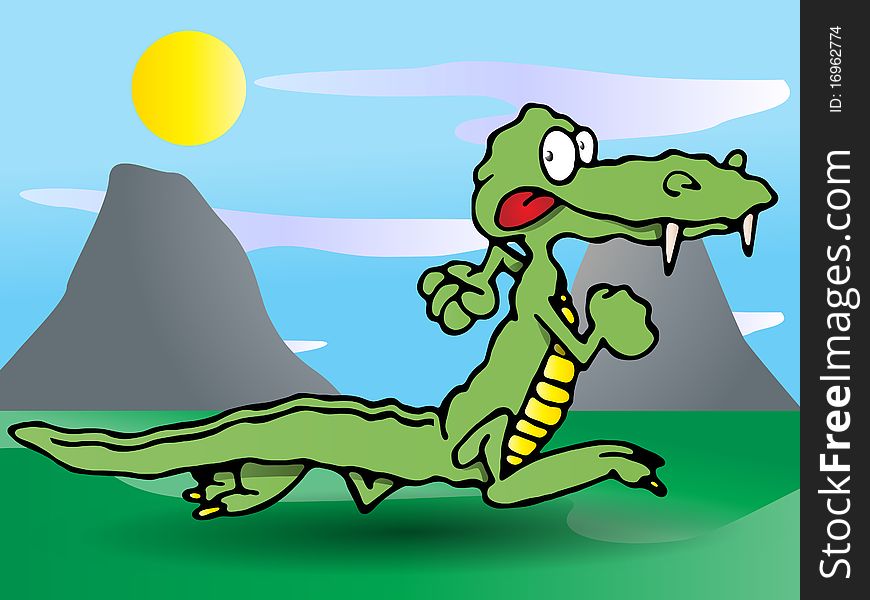 Green crocodile run in nature background illustration