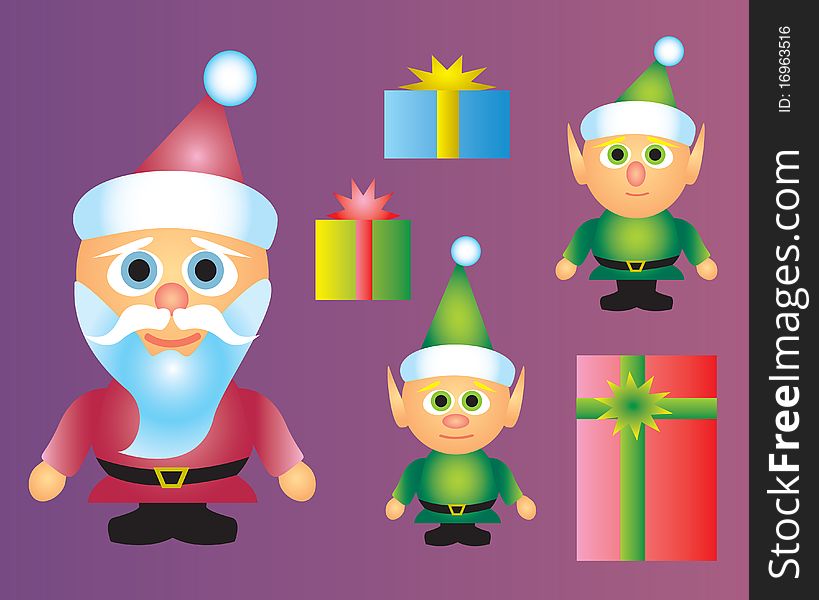 Cartoon Santa with two Elves and Presents. Cartoon Santa with two Elves and Presents.