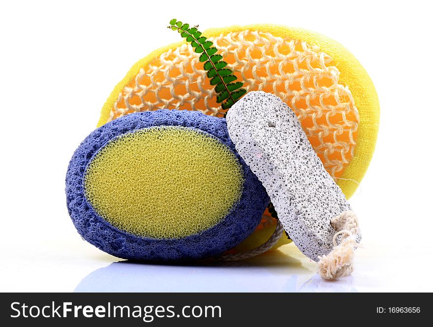 Bathroom body scrubbers on white background. Bathroom body scrubbers on white background.